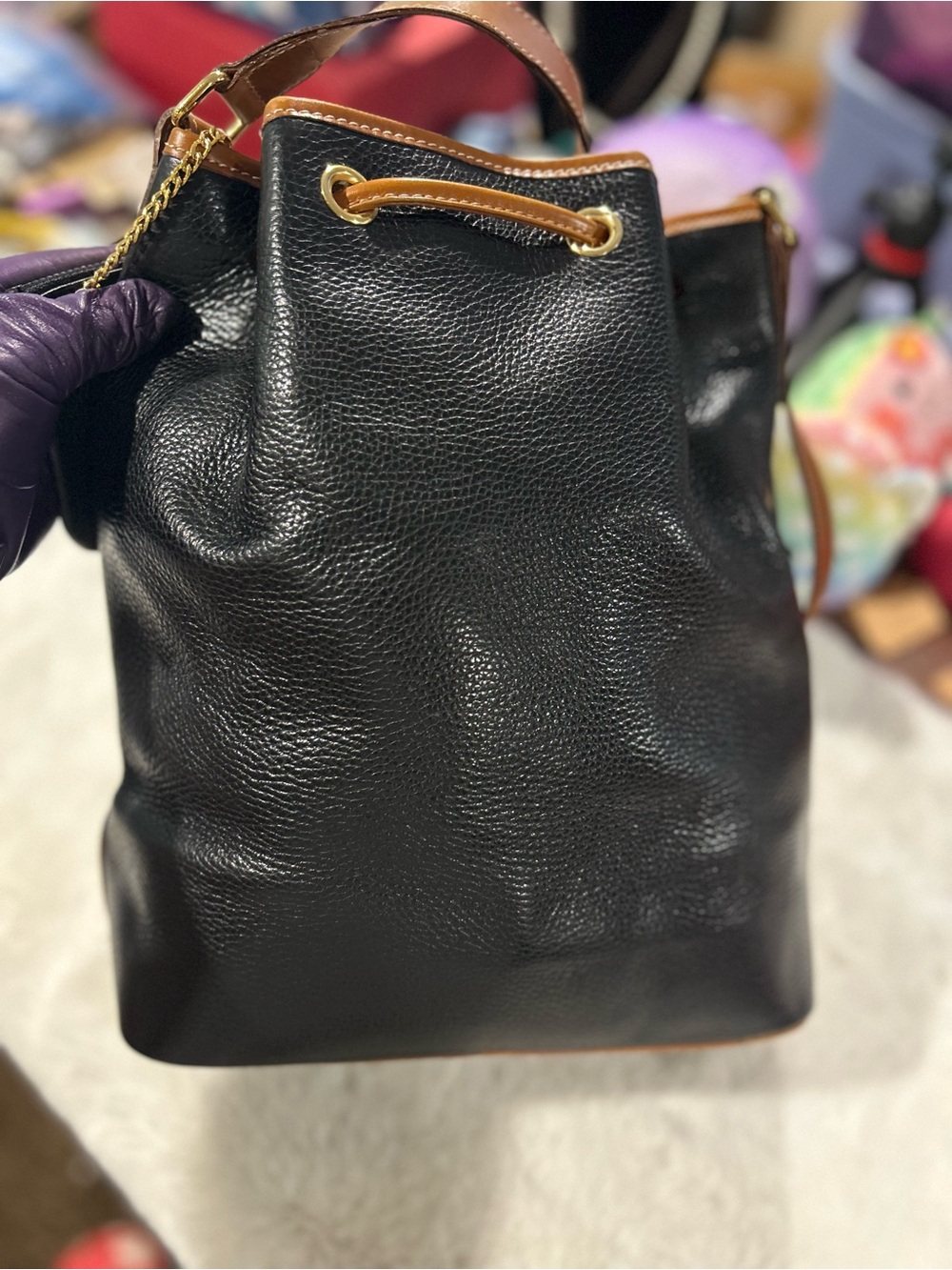 CelineBlack Leather Drawstring Bucket Bag with Tan Trim authentic excellent